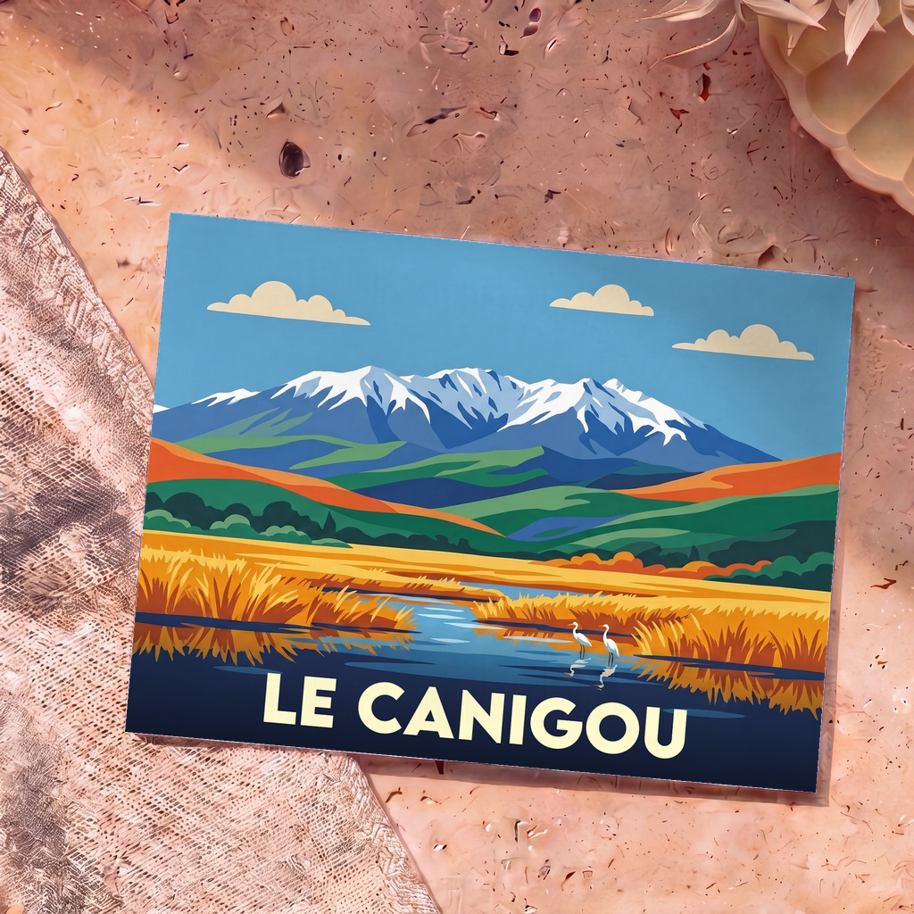 Carte postale souvenir du Canigou présentant une illustration stylisée et colorée de la montagne et de ses paysages.