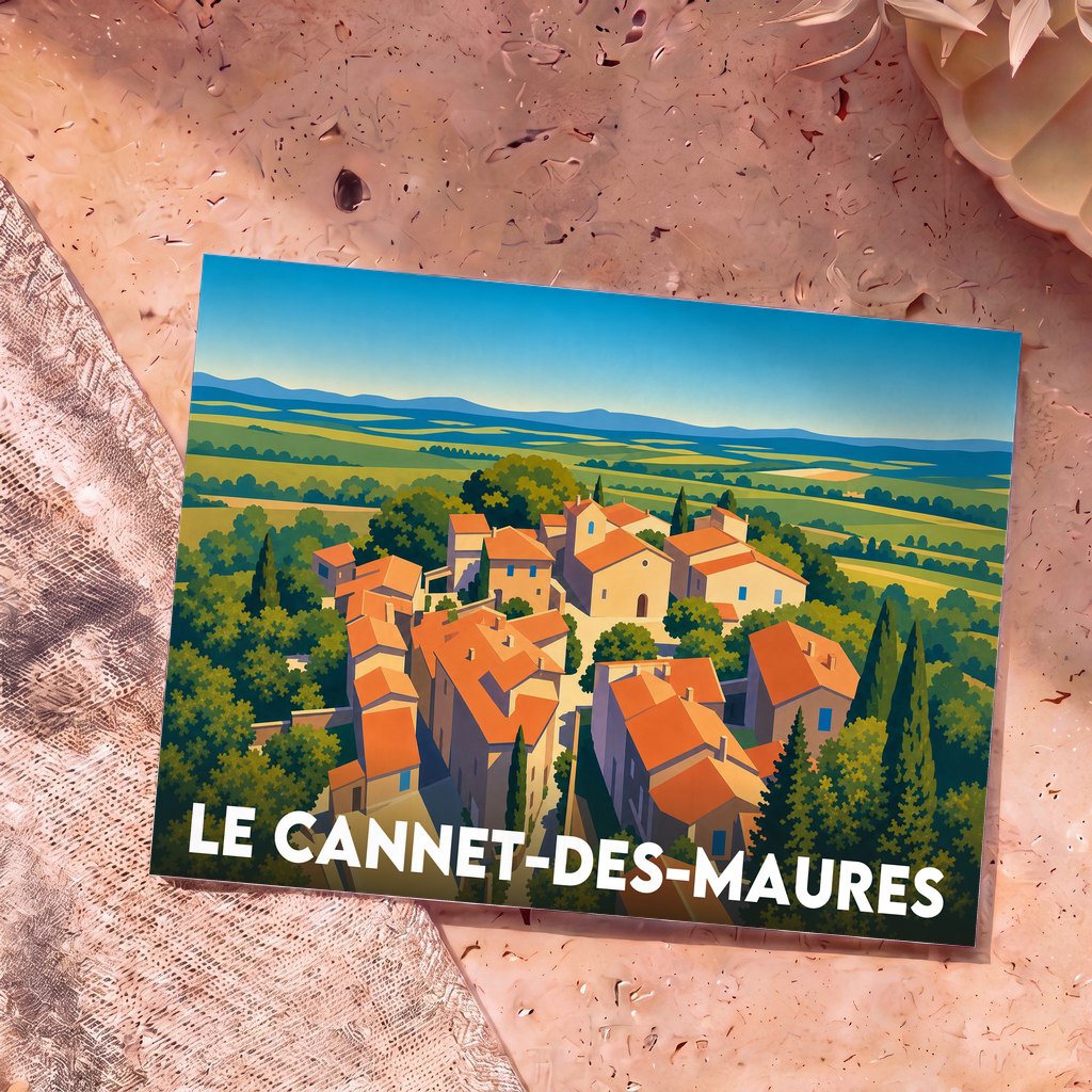Carte postale souvenir de la ville de Le Cannet-des-Maures avec une illustration stylisée d'un village provençal.