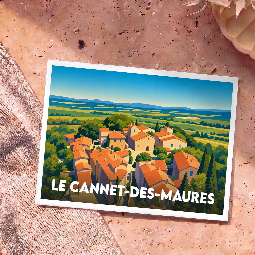 Carte postale souvenir de la ville de Le Cannet-des-Maures avec une illustration stylisée d'un village provençal.