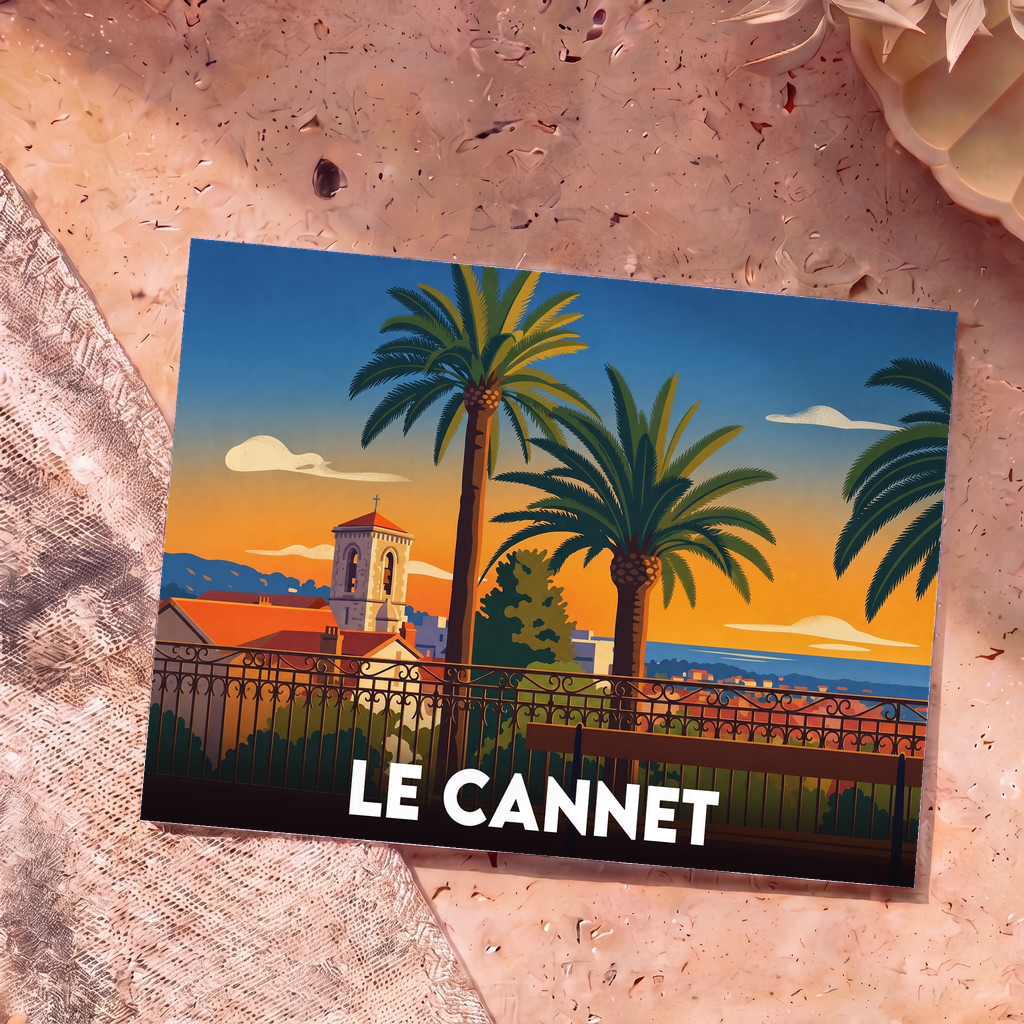 Carte postale souvenir de la ville de Le Cannet avec une illustration stylisée de palmiers au coucher du soleil.