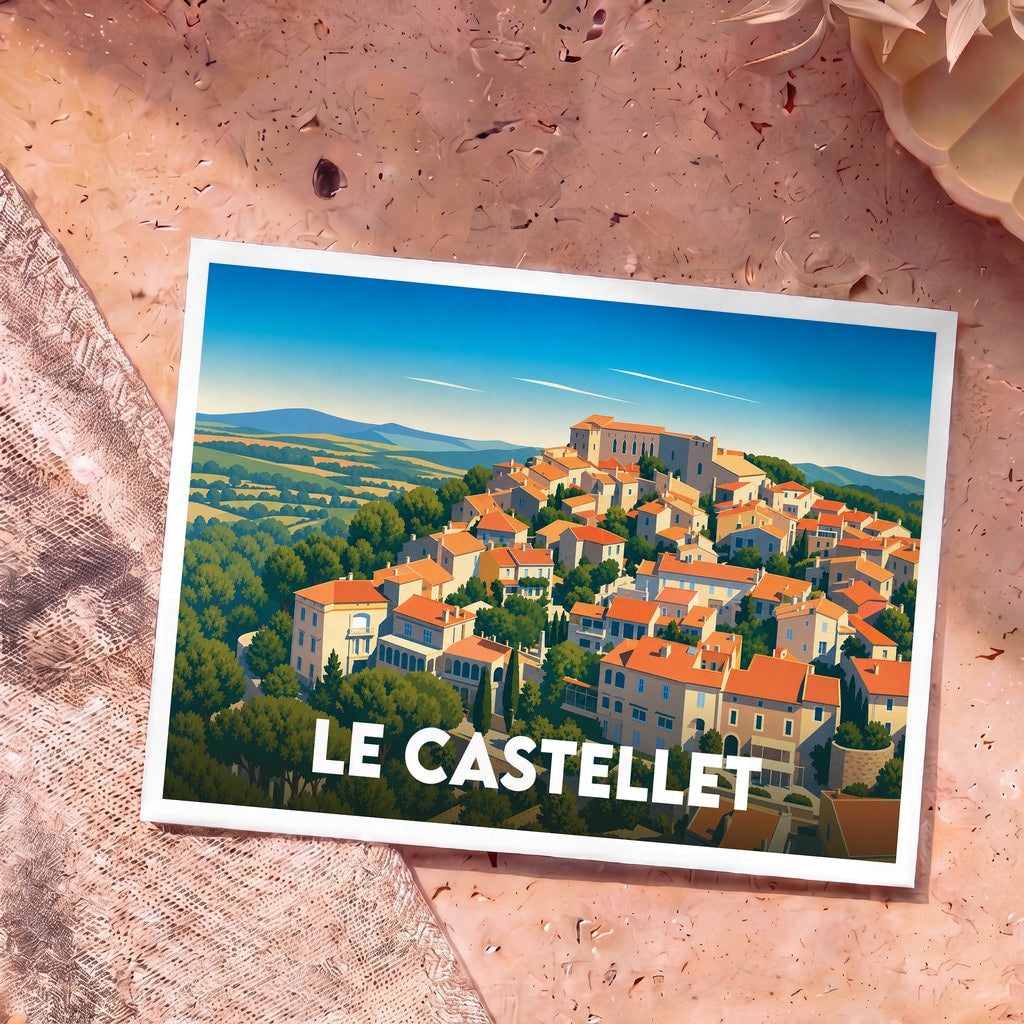 Carte postale souvenir de la ville de Le Castellet avec une illustration stylisée.