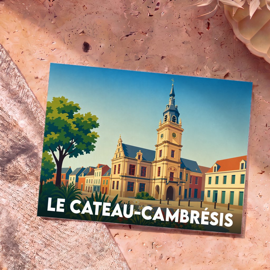 Carte postale souvenir de la ville de Le Cateau-Cambrésis avec une illustration stylisée de son hôtel de ville.