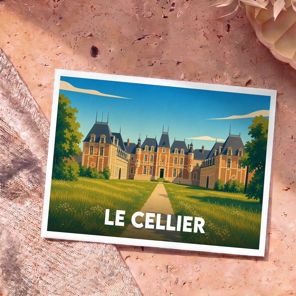 Carte postale souvenir de la ville de Le Cellier avec une illustration stylisée d'un château.