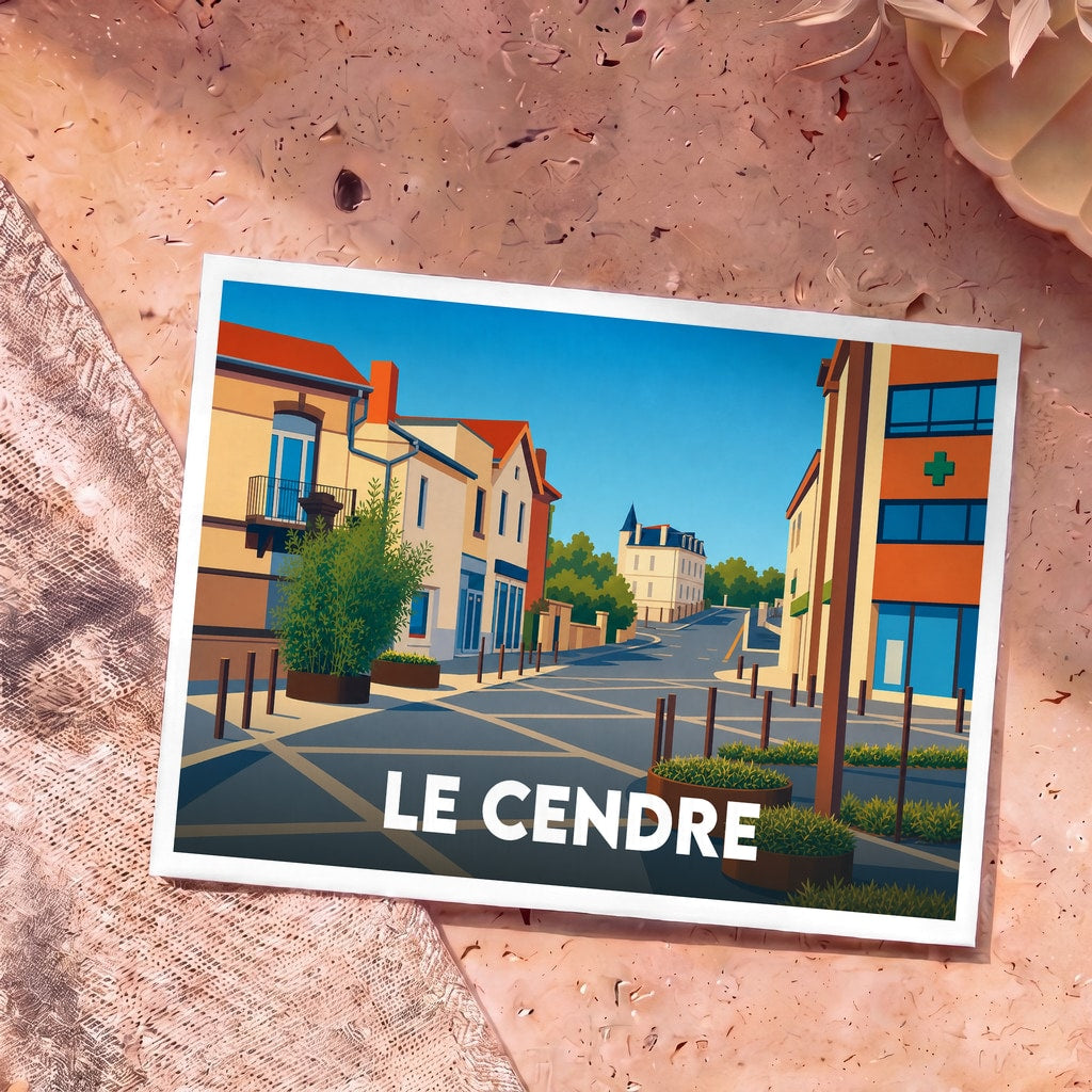 Carte postale souvenir de la ville de Le Cendre avec une illustration stylisée de ses rues.
