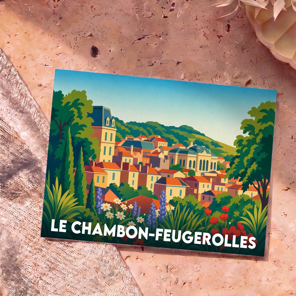 Carte postale souvenir de la ville du Chambon-Feugerolles avec une illustration stylisée de ses collines et habitations.