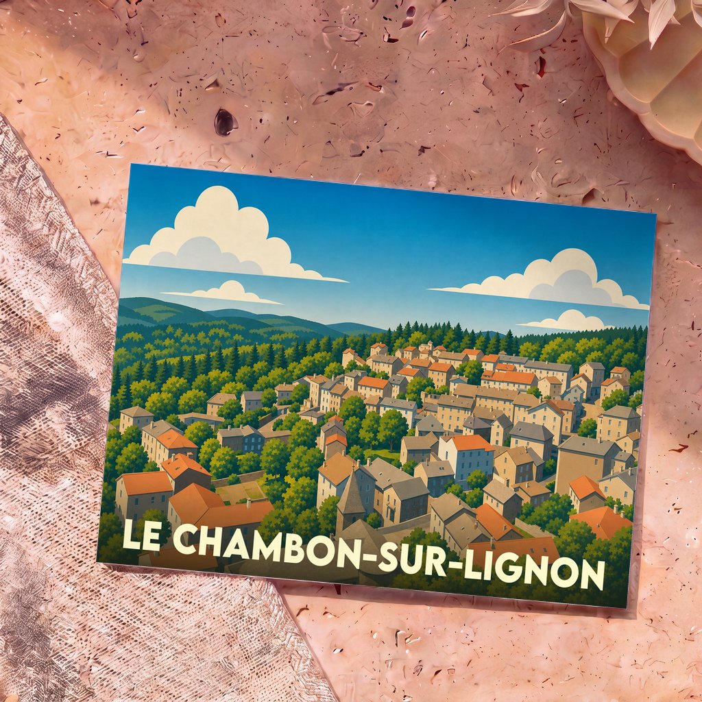 Carte postale souvenir de la ville de Le Chambon-sur-Lignon avec une illustration stylisée d'un village niché dans une vallée boisée.