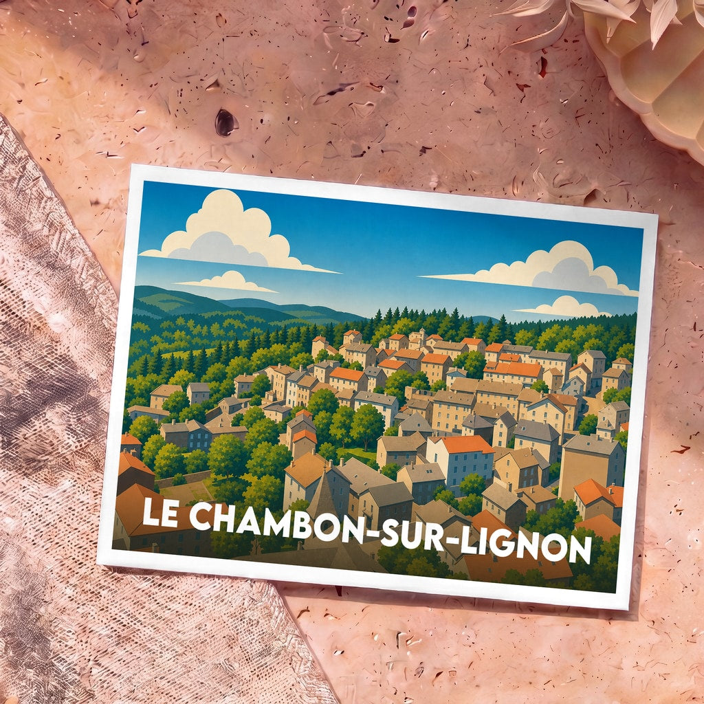 Carte postale souvenir de la ville de Le Chambon-sur-Lignon avec une illustration stylisée d'un village niché dans une vallée boisée.