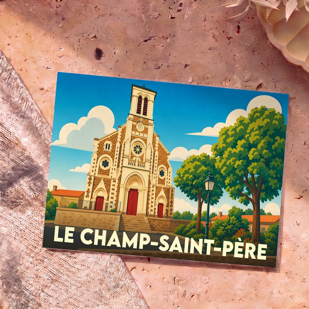Carte postale souvenir de la ville de Le Champ-Saint-Père avec une illustration stylisée de son église.