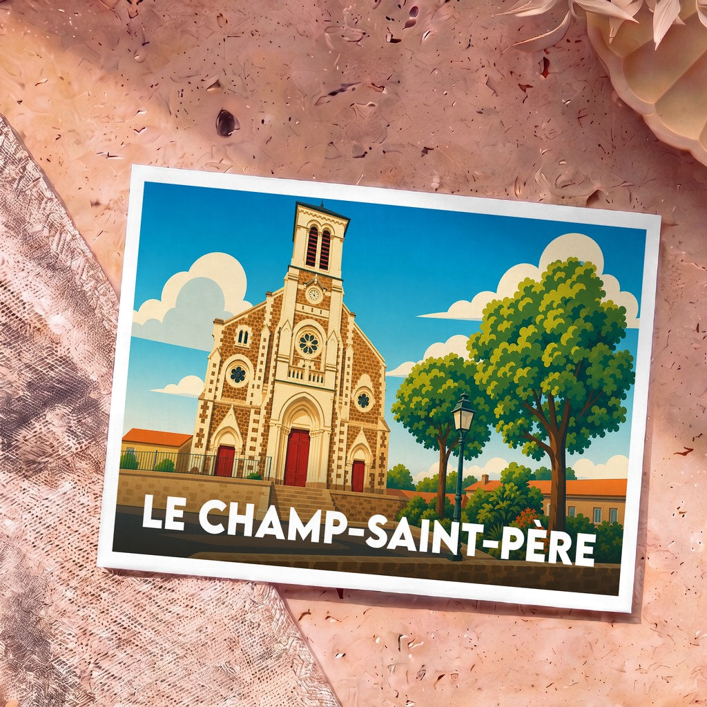 Carte postale souvenir de la ville de Le Champ-Saint-Père avec une illustration stylisée de son église.