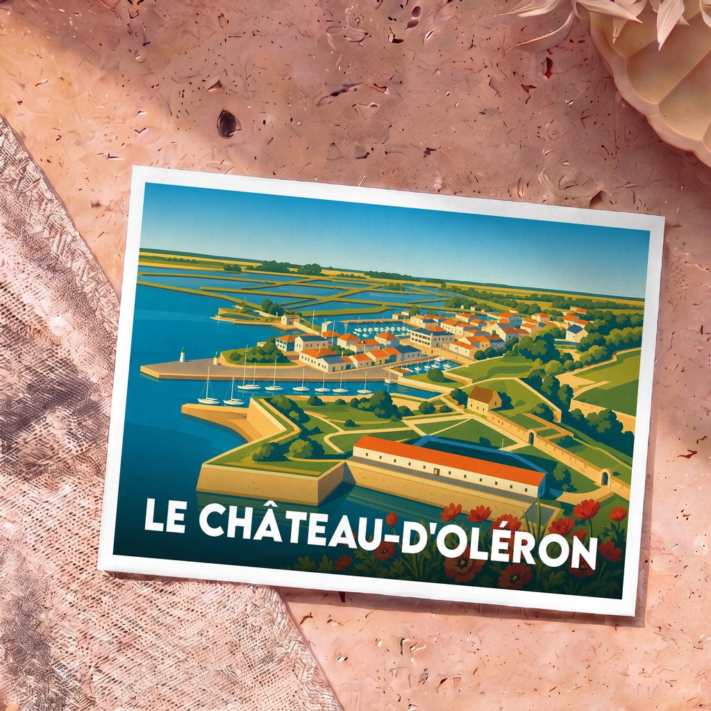 Carte postale souvenir de la ville de Le Château-d'Oléron avec une illustration stylisée de sa citadelle et de son port.