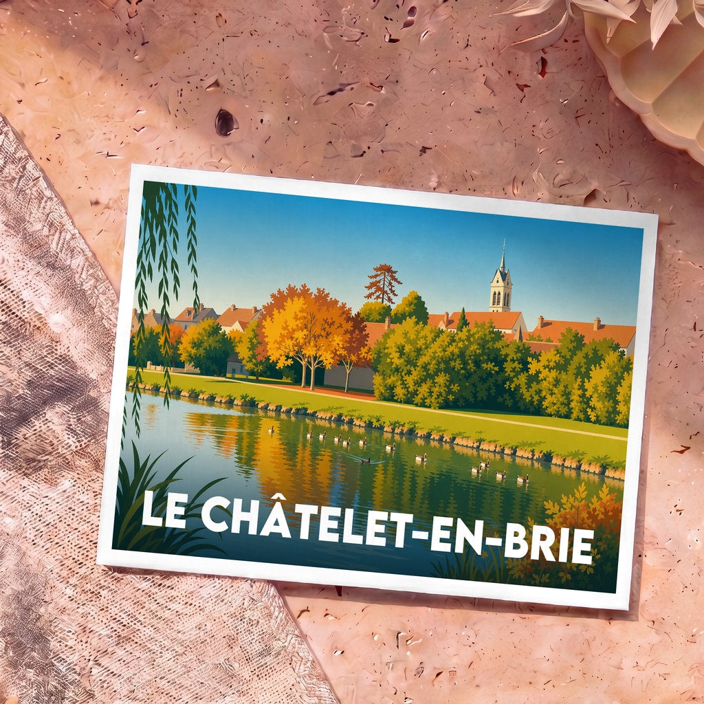 Carte postale souvenir de la ville de Le Châtelet-en-Brie avec une illustration stylisée d'un étang et d'un clocher.