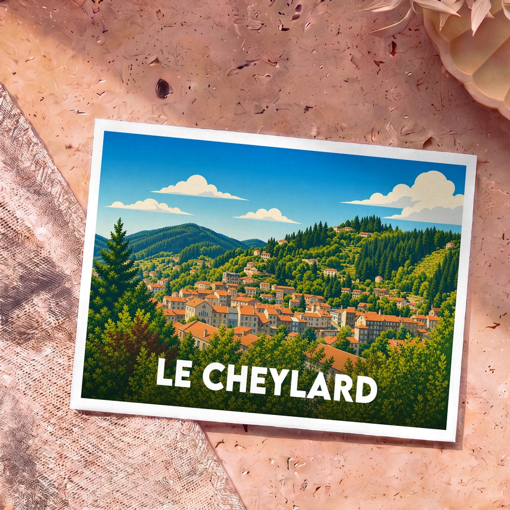 Carte postale souvenir de la ville de Le Cheylard avec une illustration stylisée d'un village flanc de montagne.