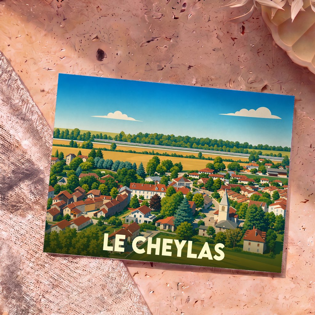 Carte postale souvenir de la commune de Le Cheylas avec une illustration panoramique et colorée du village.