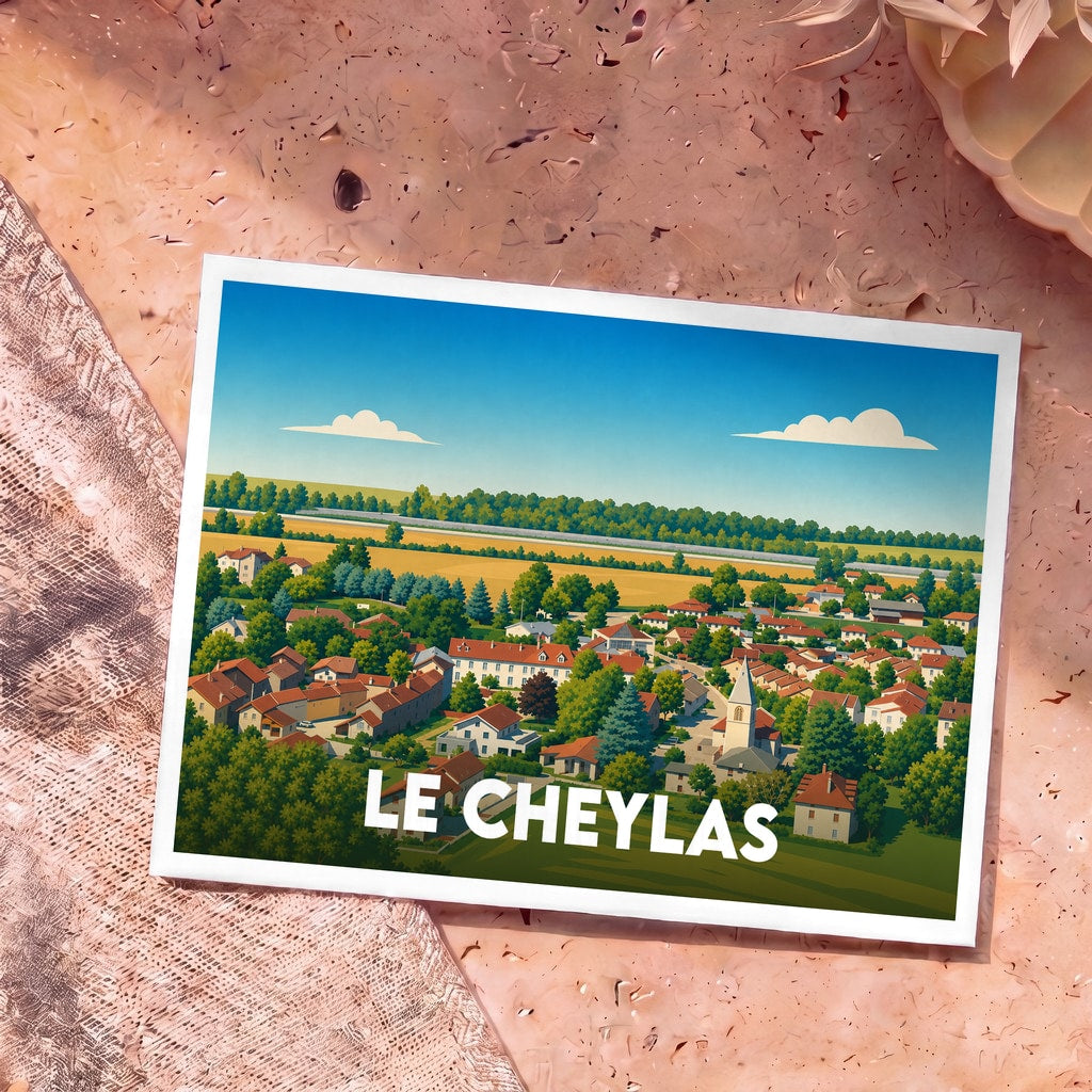 Carte postale souvenir de la commune de Le Cheylas avec une illustration panoramique et colorée du village.