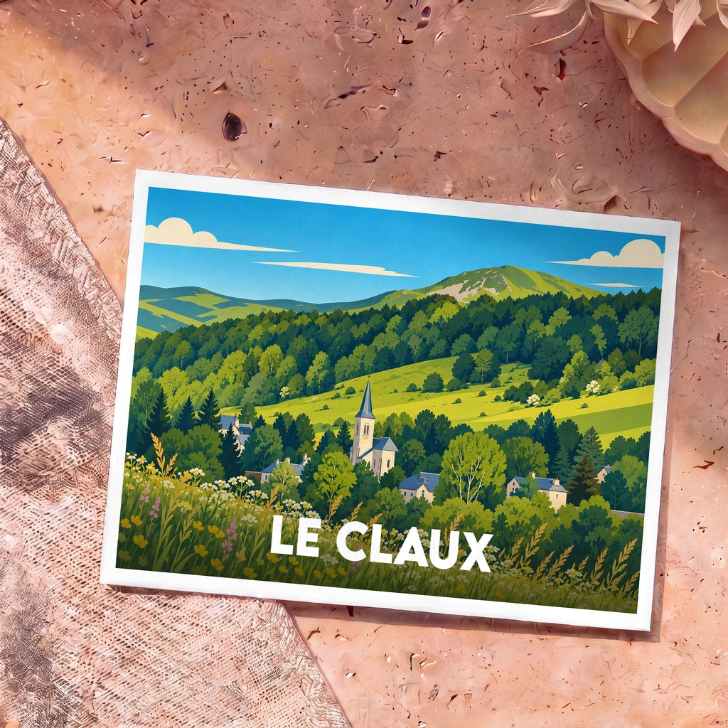 Carte postale souvenir de la ville de Le Claux avec une illustration stylisée d'un village de montagne.