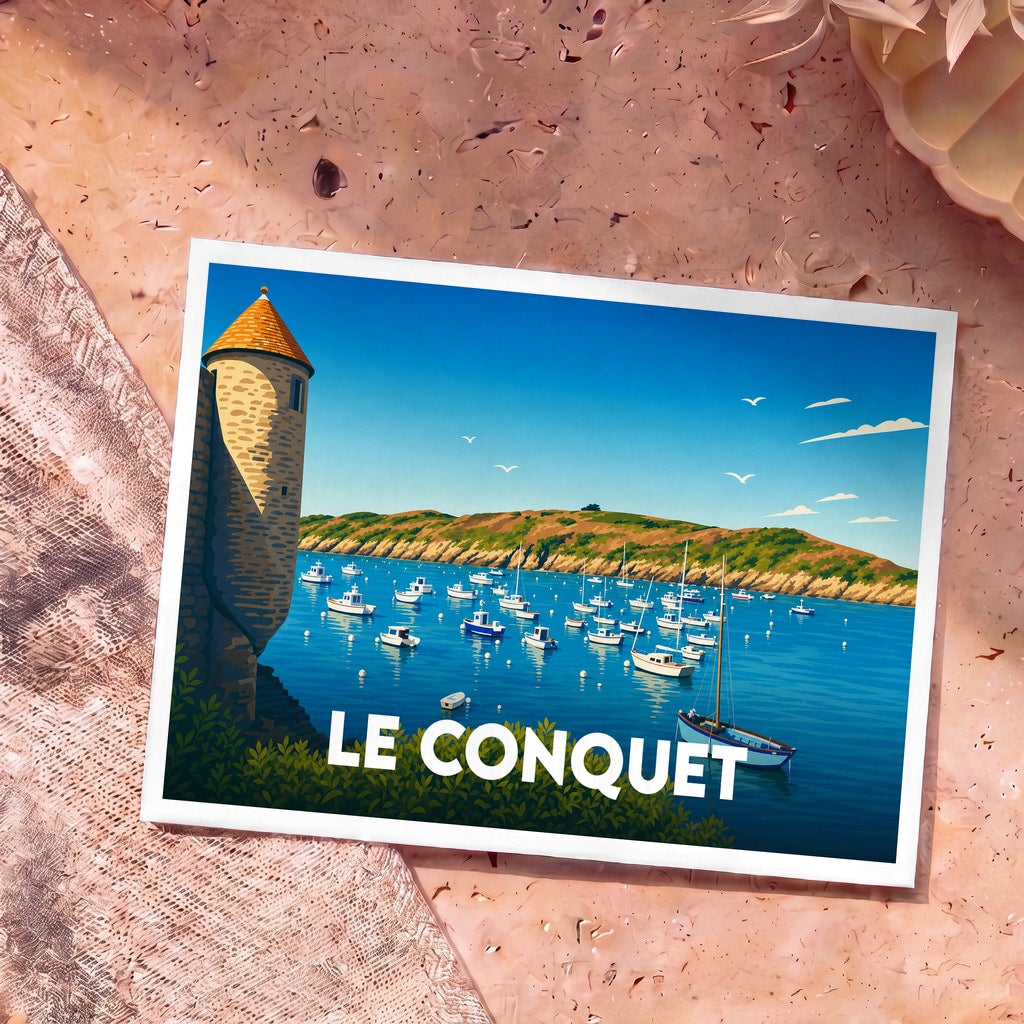 Carte postale souvenir de la ville de Le Conquet avec une illustration stylisée de son port et de sa tour historique.