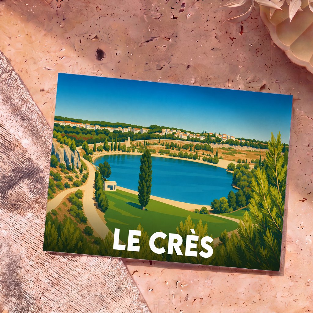 Carte postale souvenir de la ville du Crès avec une illustration stylisée du lac et de son environnement verdoyant.