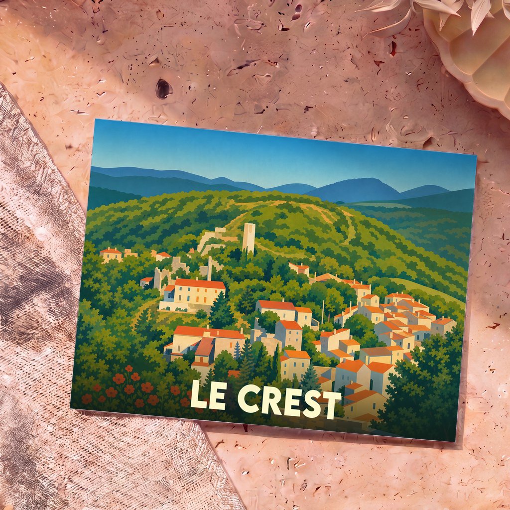 Carte postale souvenir de la ville de Le Crest avec une illustration stylisée d'un village perché.