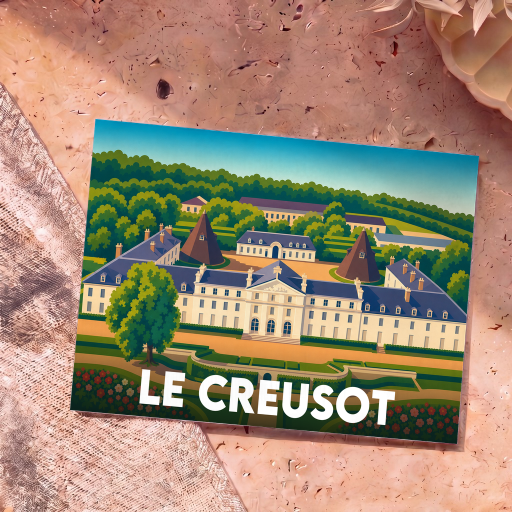 Carte postale souvenir de la ville de Le Creusot avec une illustration stylisée du Château de la Verrerie.