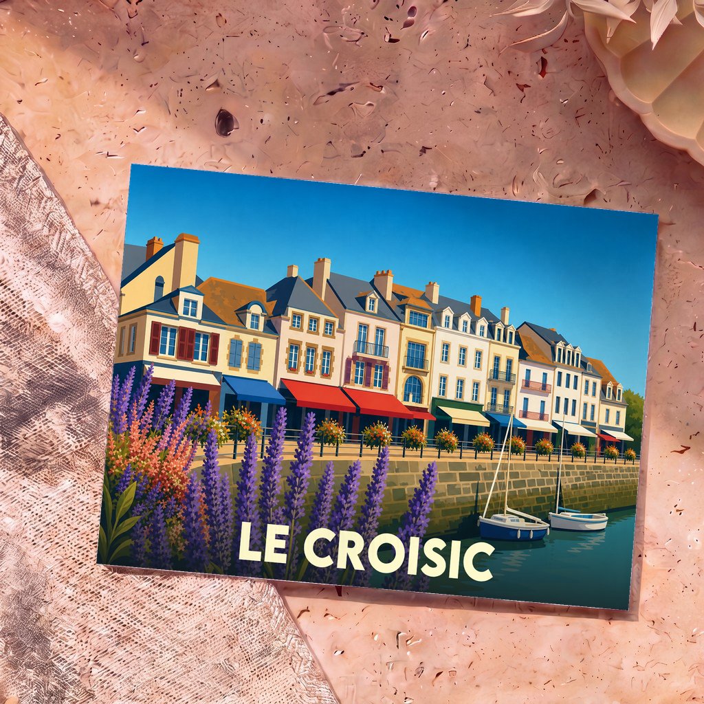 Carte postale souvenir de la ville de Le Croisic présentant une illustration stylisée de son port et de ses façades colorées.