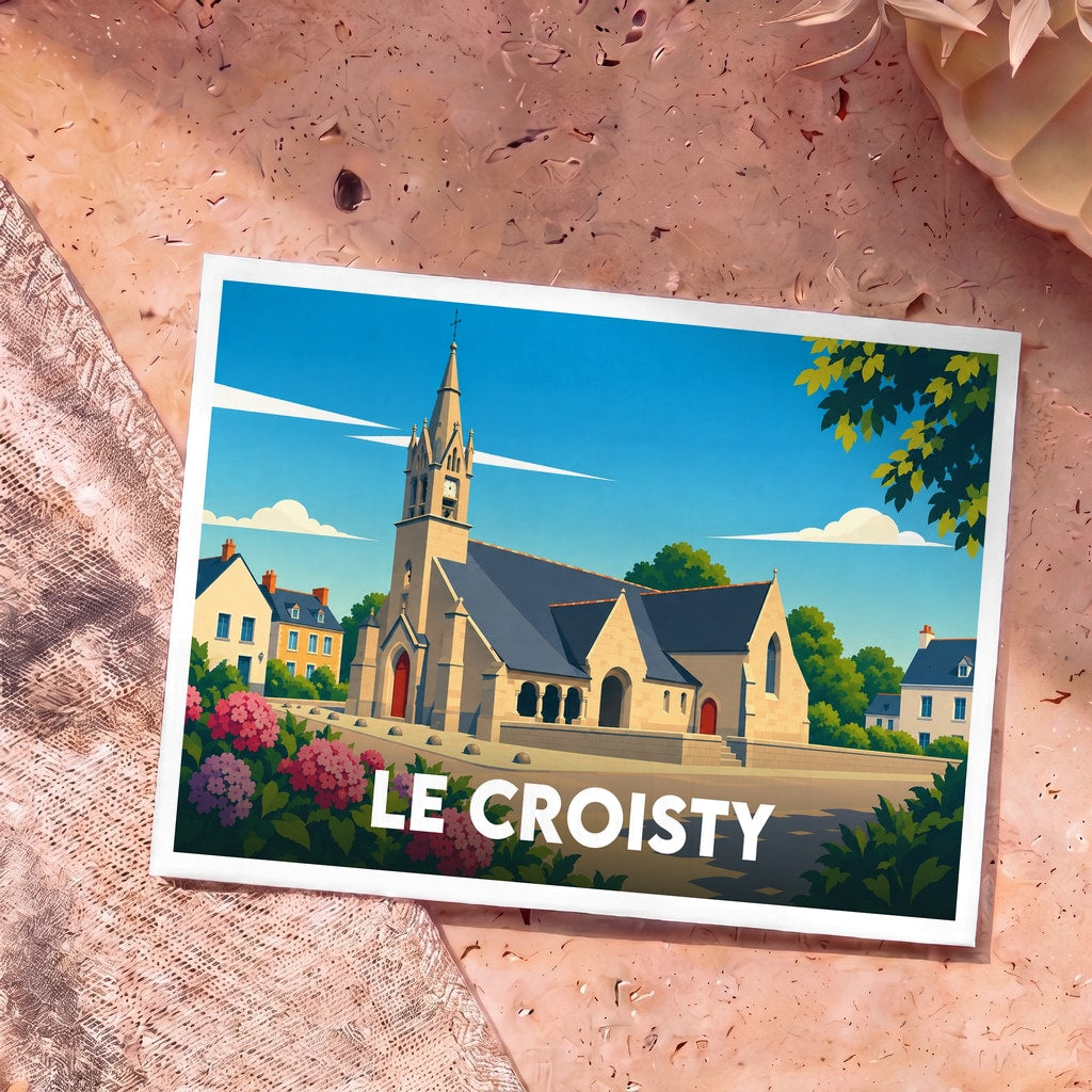 Carte postale souvenir de la ville de Le Croisty avec une illustration stylisée de son église.