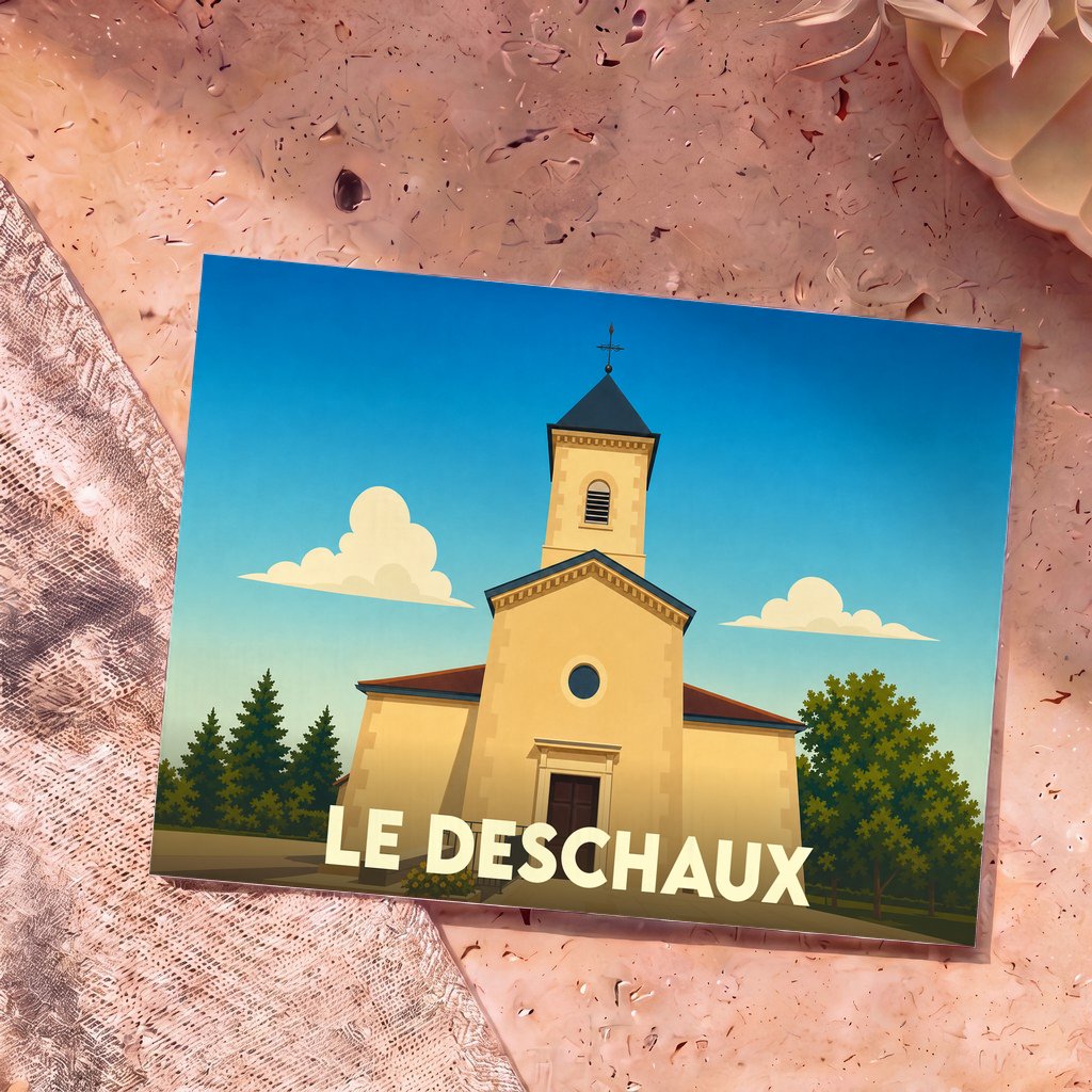 Carte postale souvenir de la ville de Le Deschaux avec une illustration stylisée de son église.