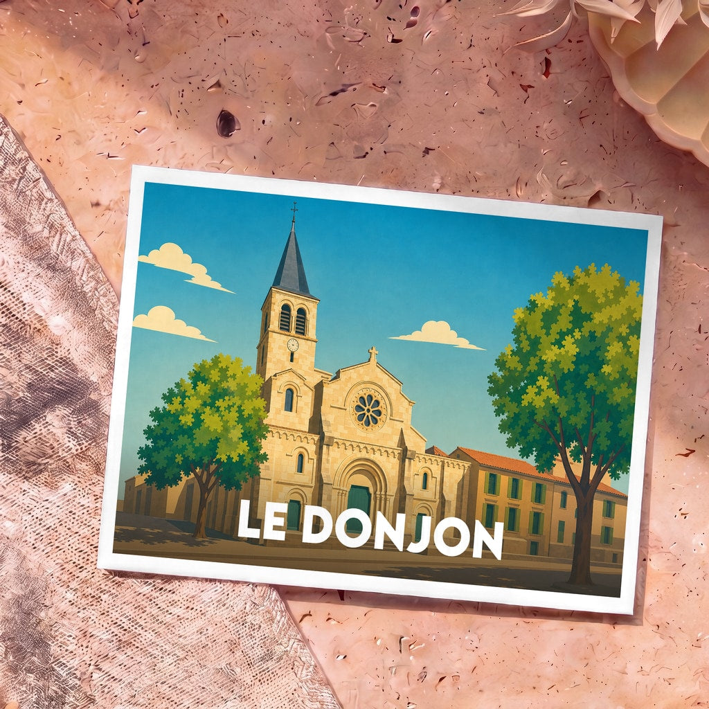 Carte postale souvenir de la ville de Le Donjon avec une illustration stylisée de son église.