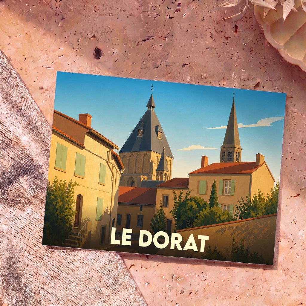 Carte postale souvenir de la ville du Dorat avec une illustration stylisée de son architecture emblématique.