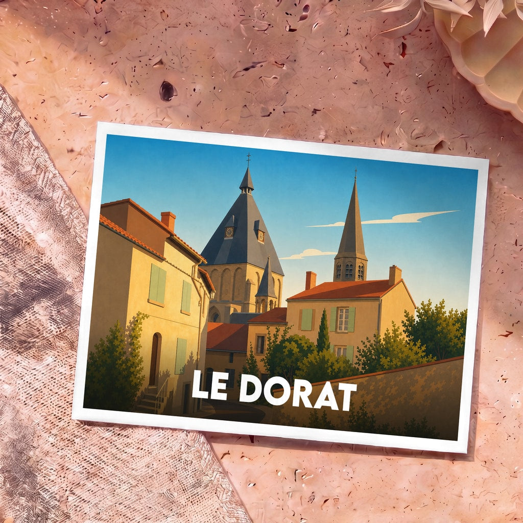 Carte postale souvenir de la ville du Dorat avec une illustration stylisée de son architecture emblématique.