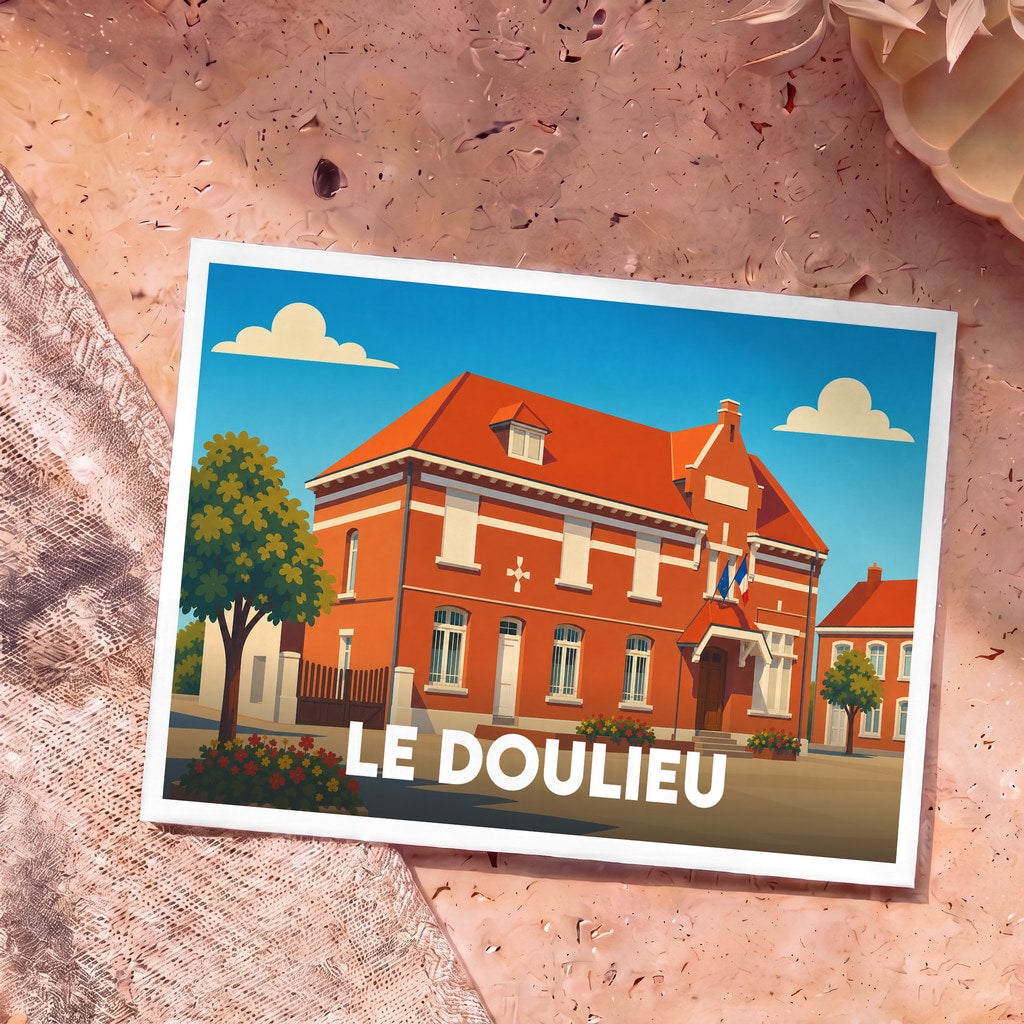 Carte postale souvenir de la ville de Le Doulieu avec une illustration stylisée de sa mairie.
