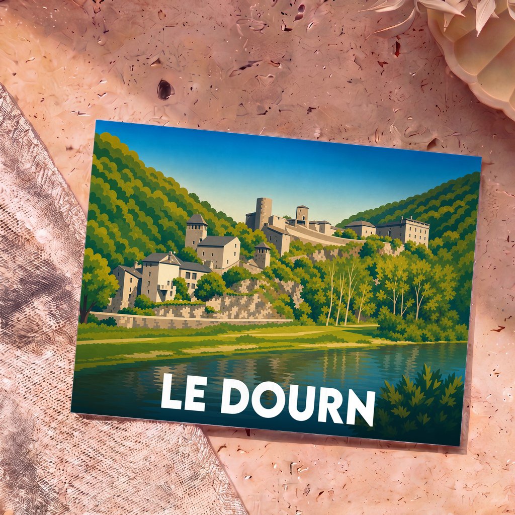 Carte postale souvenir de la ville de Le Dourn avec une illustration stylisée d'un village médiéval au bord de l'eau.