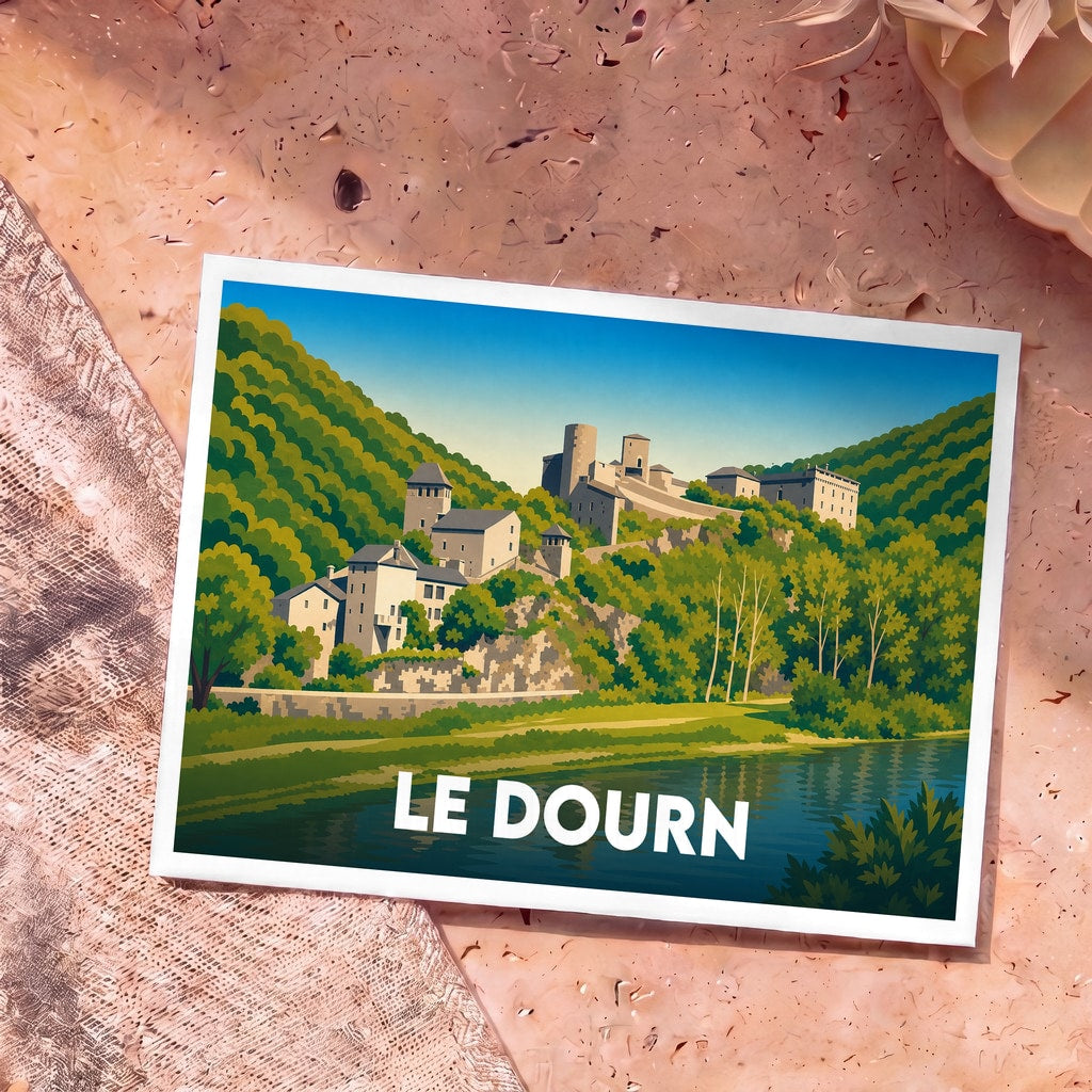 Carte postale souvenir de la ville de Le Dourn avec une illustration stylisée d'un village médiéval au bord de l'eau.