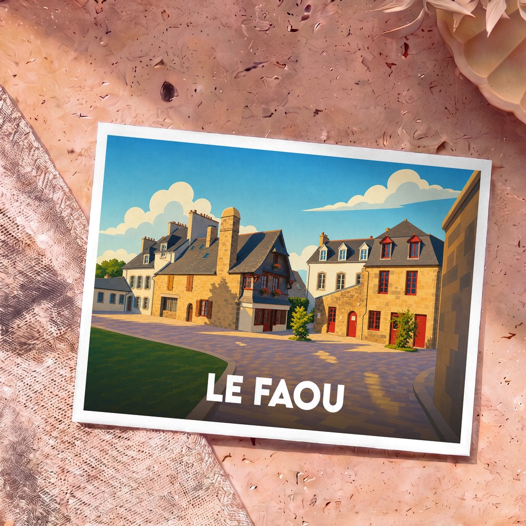 Carte postale souvenir de la ville de Le Faou avec une illustration stylisée de ses maisons traditionnelles.