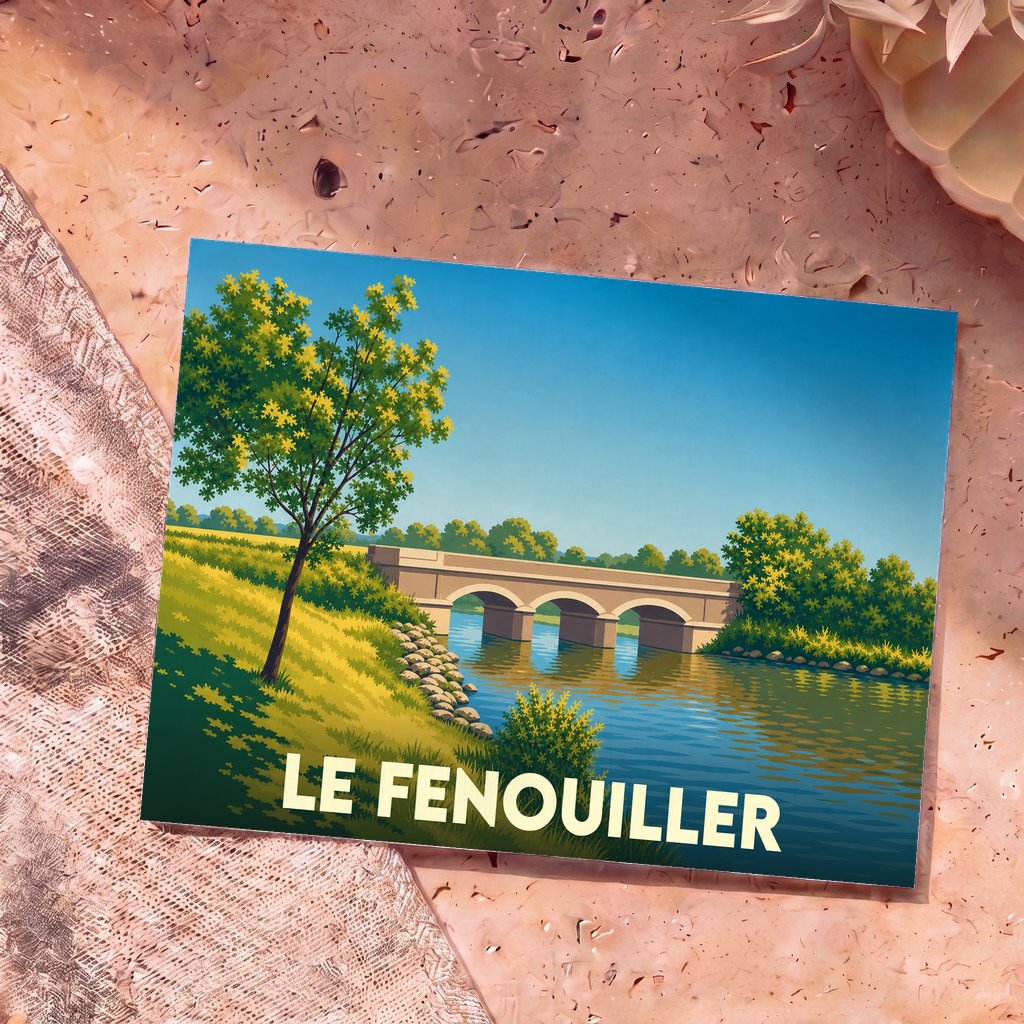 Carte postale souvenir de la ville de Le Fenouiller avec une illustration stylisée d'un pont en pierre traversant une rivière.