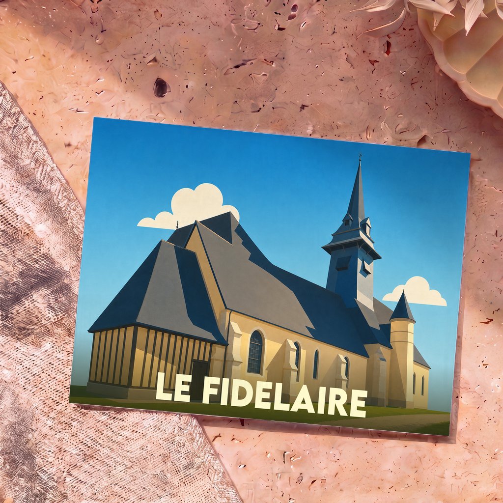 Carte postale souvenir de la ville de Le Fidelaire avec une illustration stylisée de son église.