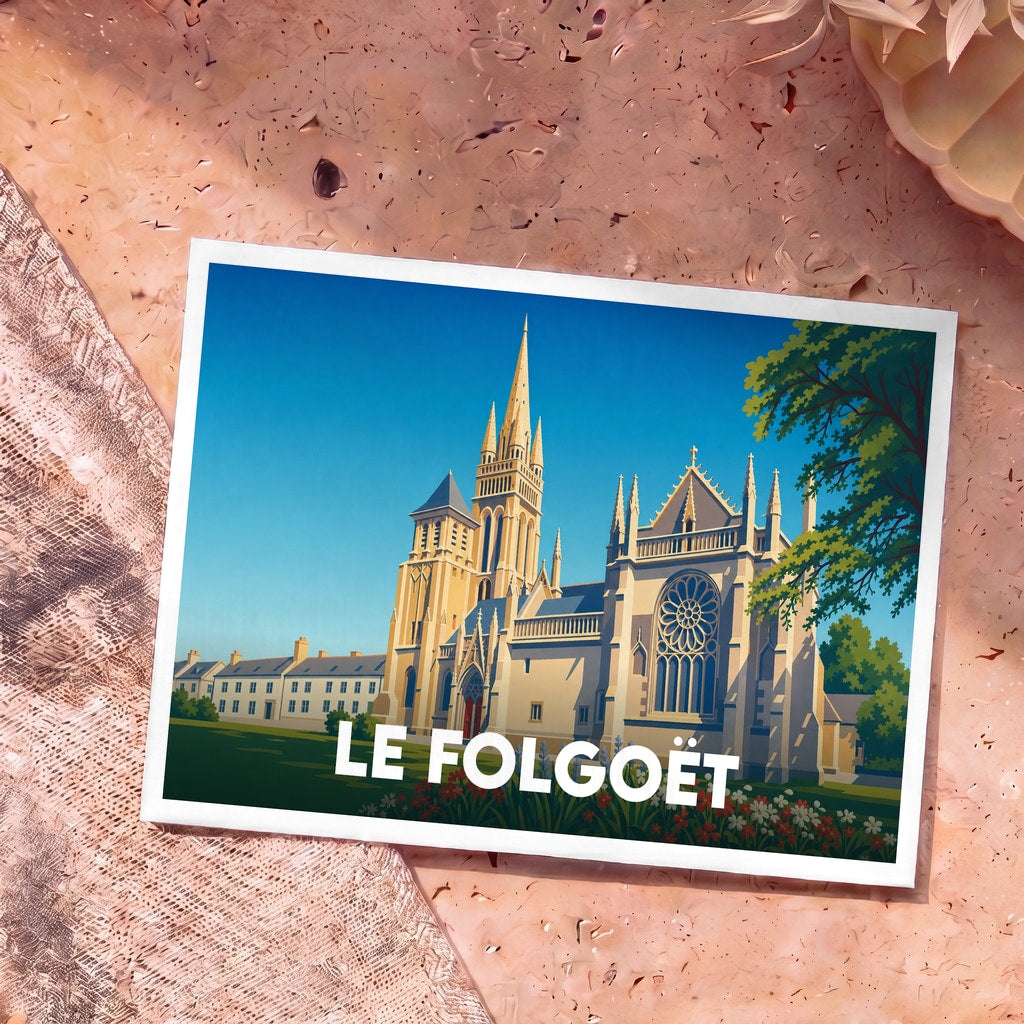 Carte postale souvenir de la ville de Le Folgoët avec une illustration stylisée de sa basilique.