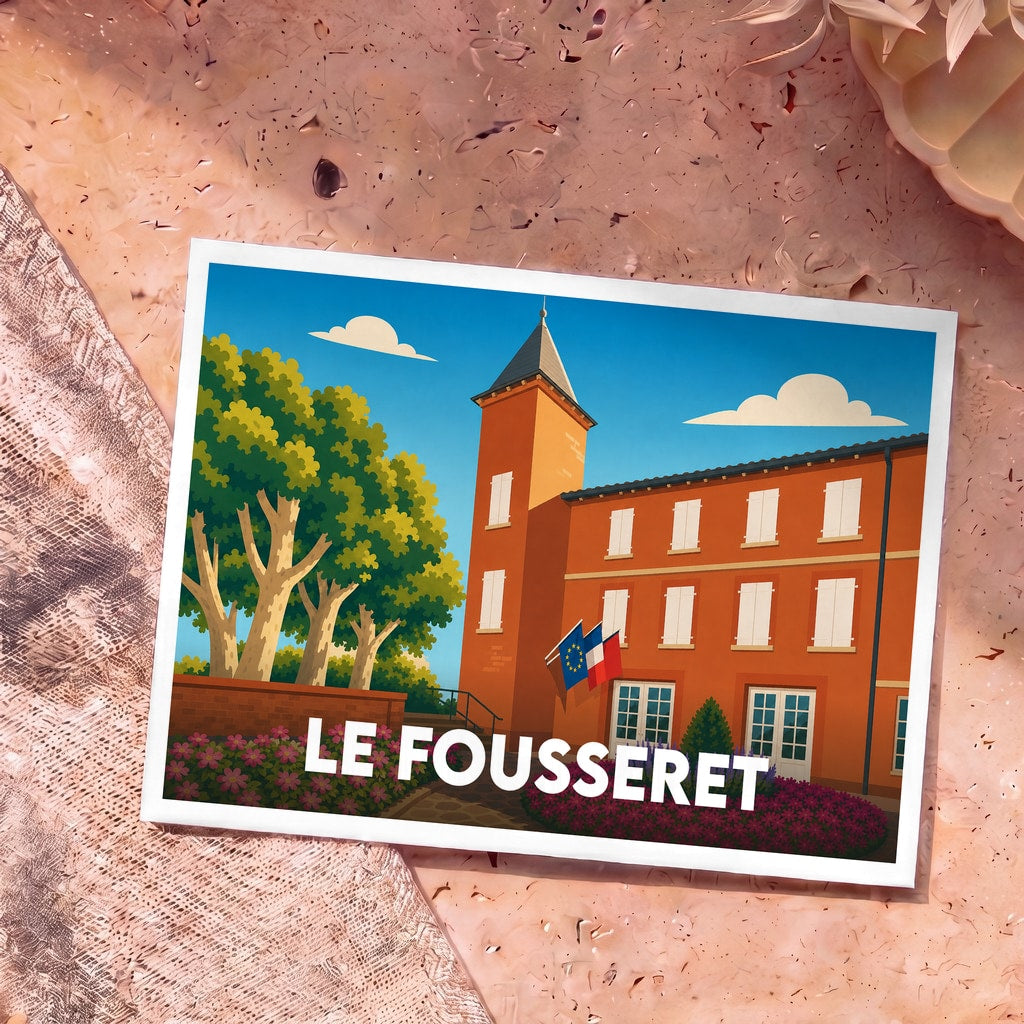 Carte postale souvenir de la ville de Le Fousseret avec une illustration stylisée de sa mairie.