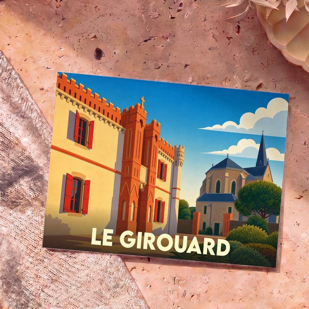 Carte postale souvenir de la ville de Le Girouard avec une illustration stylisée montrant le château et l'église.