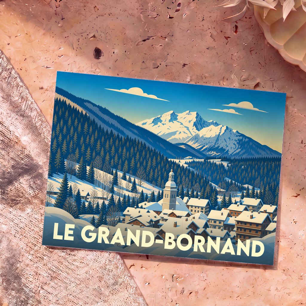 Carte postale souvenir de la ville de Le Grand-Bornand illustrant un village de montagne enneigé dans un style rétro.