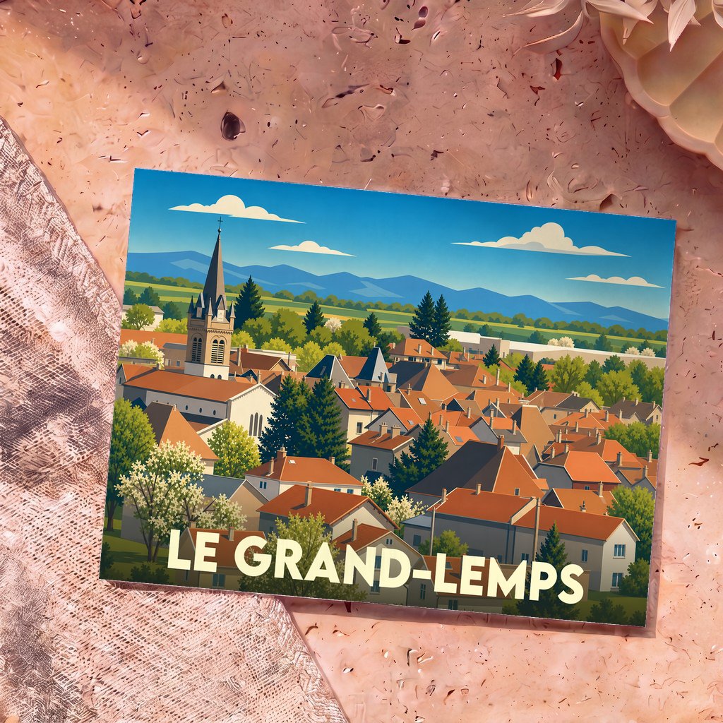 Carte postale souvenir de la ville de Le Grand-Lemps avec une illustration stylisée.