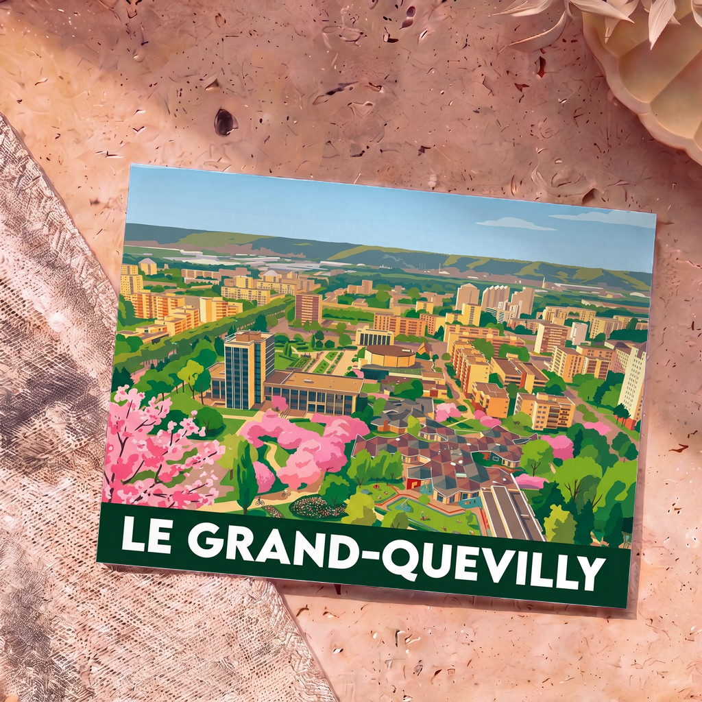 Carte postale souvenir de la ville de Le Grand-Quevilly avec une illustration colorée et stylisée représentant une vue aérienne.