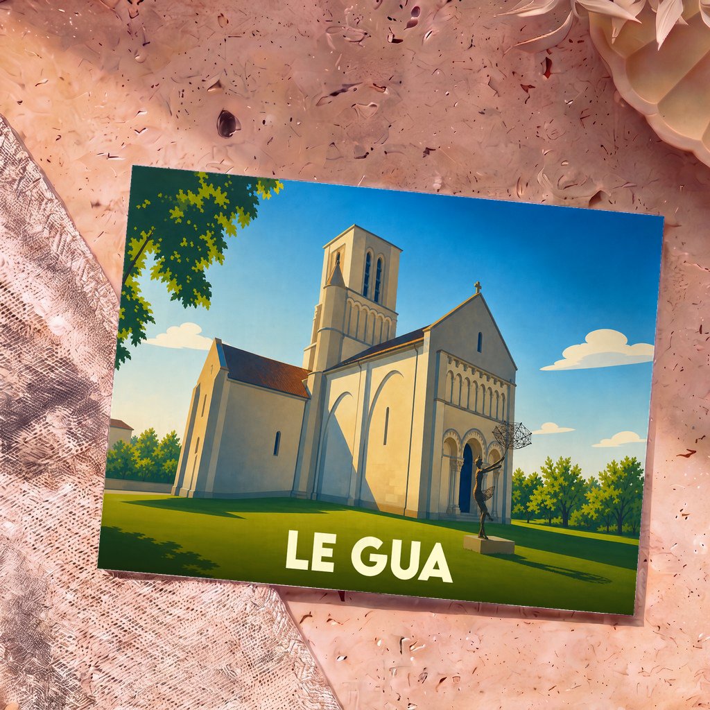 Carte postale souvenir de la ville de Le Gua avec une illustration stylisée de son église.
