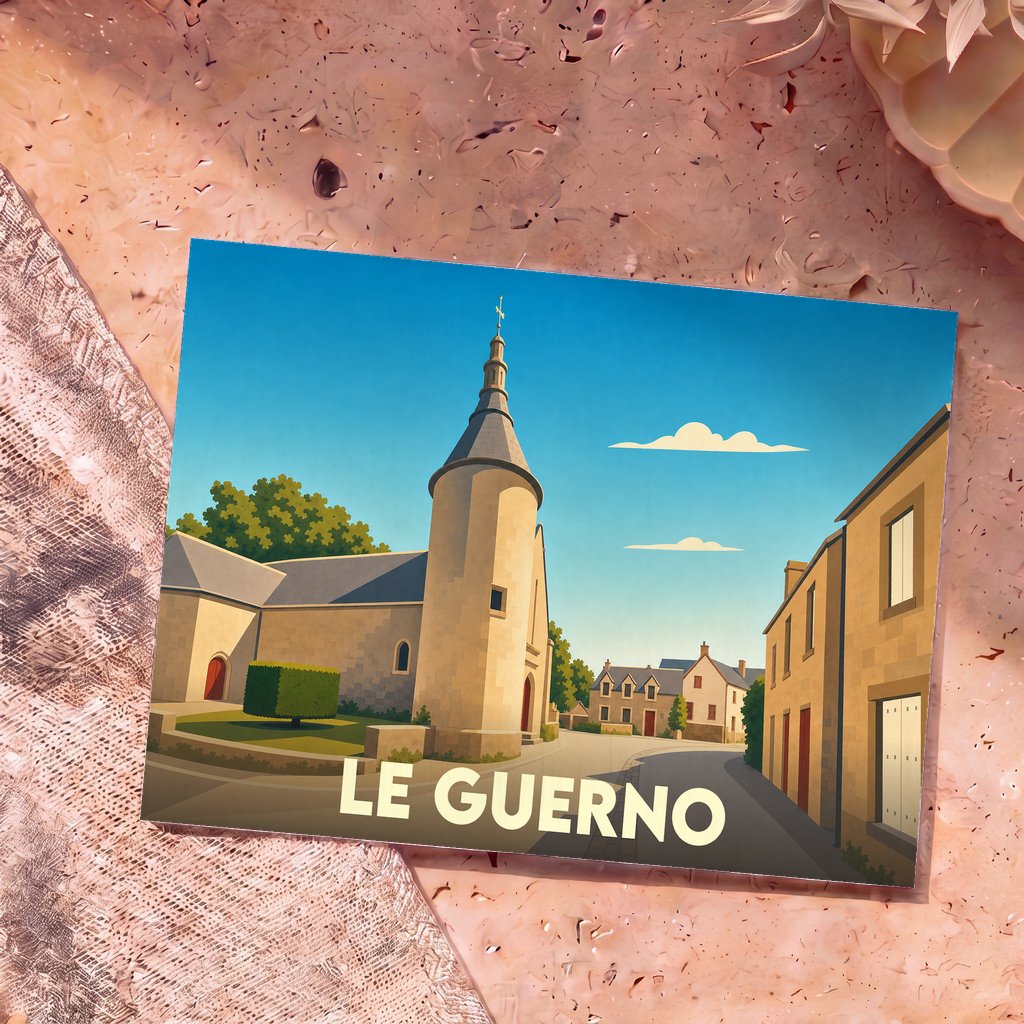 Carte postale souvenir de la ville de Le Guerno avec une illustration stylisée de son église et de ses maisons traditionnelles.