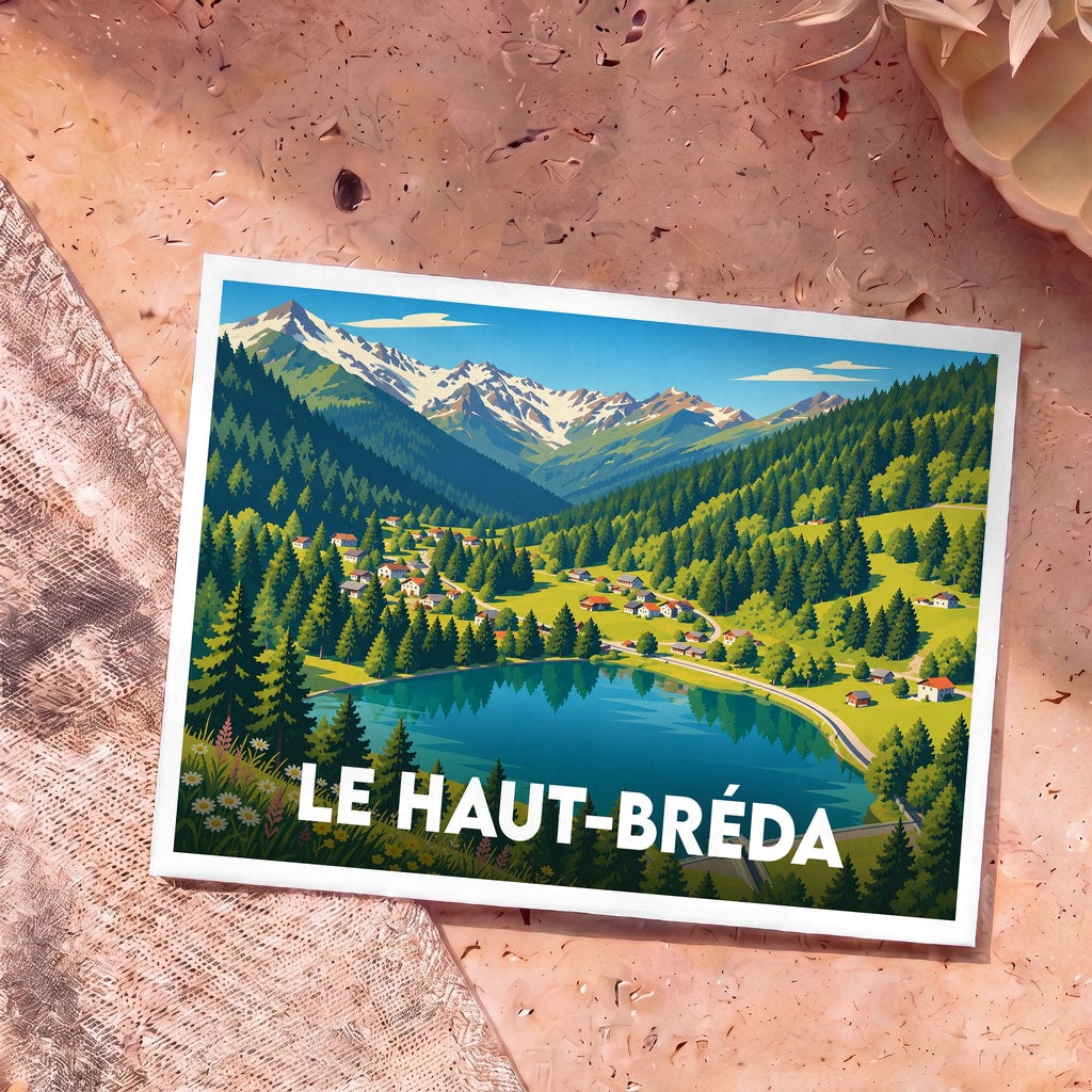 Carte postale souvenir de la ville de Le Haut-Bréda avec une illustration stylisée d'un lac de montagne.