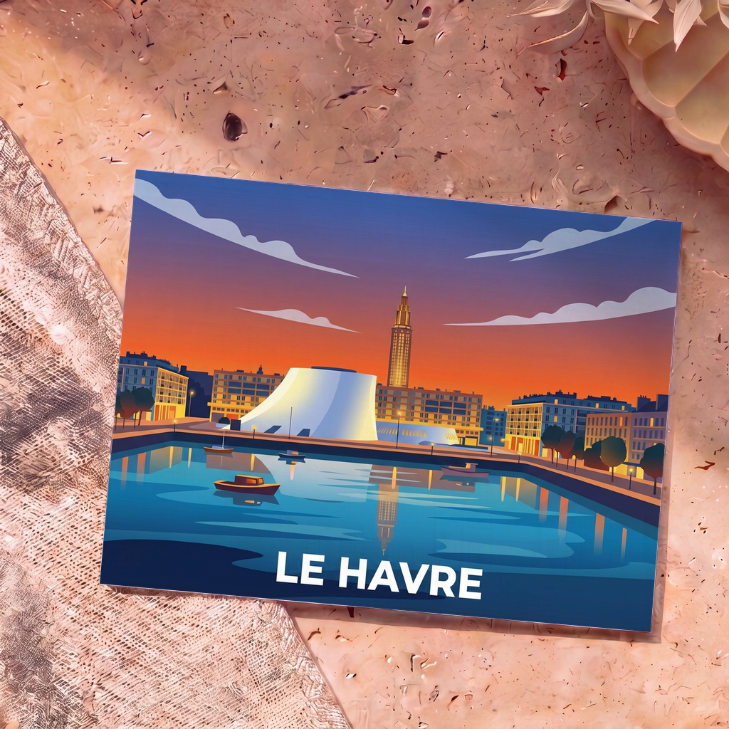 Carte postale souvenir de la ville du Havre avec une illustration stylisée de son front de mer au coucher du soleil.