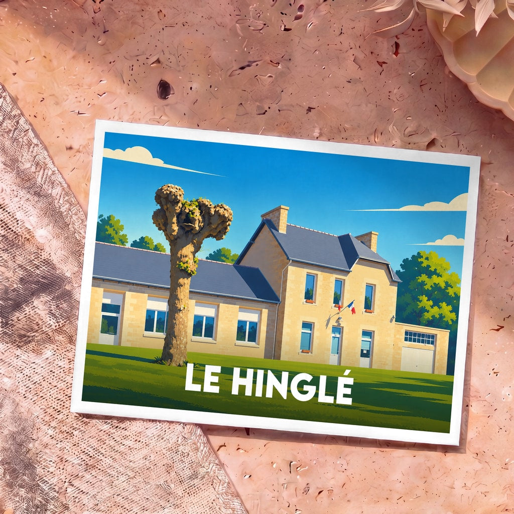 Carte postale souvenir de la ville de Le Hinglé avec une illustration stylisée de sa mairie.