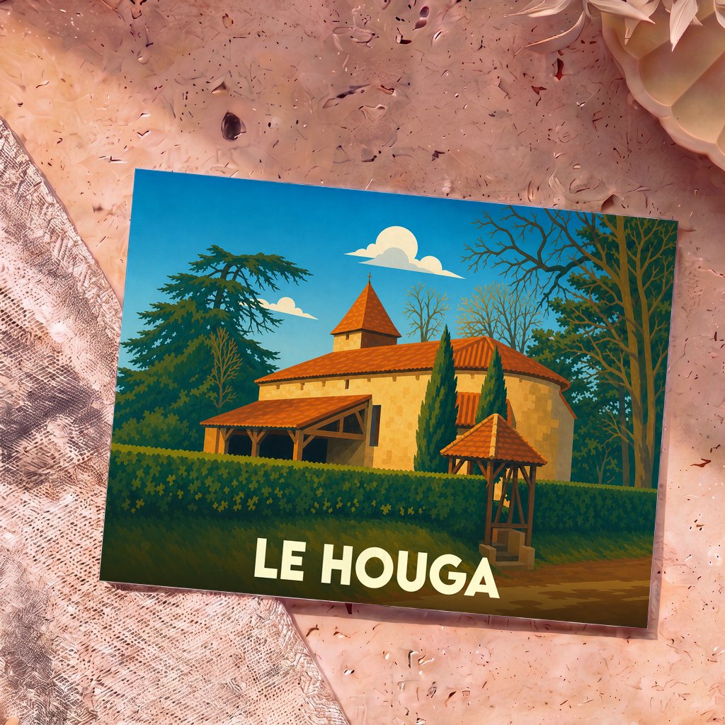 Carte postale souvenir de la ville de Le Houga avec une illustration stylisée d'une église traditionnelle.