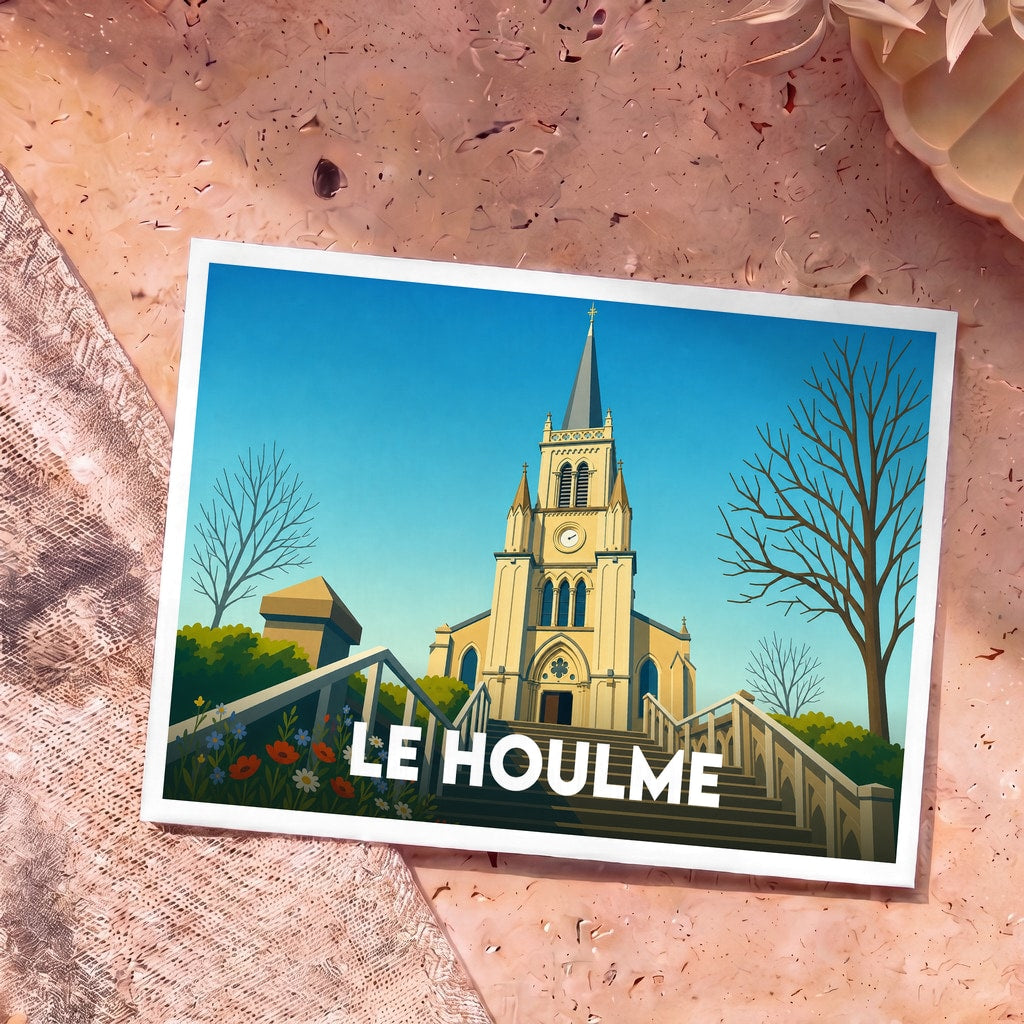 Carte postale souvenir de la ville de Le Houlme avec une illustration stylisée de son église et de ses marches.