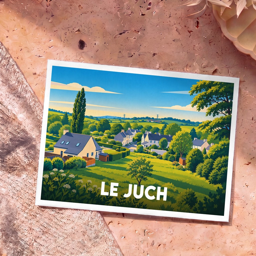 Carte postale souvenir de la ville de Le Juch avec une illustration stylisée de son paysage vallonné.