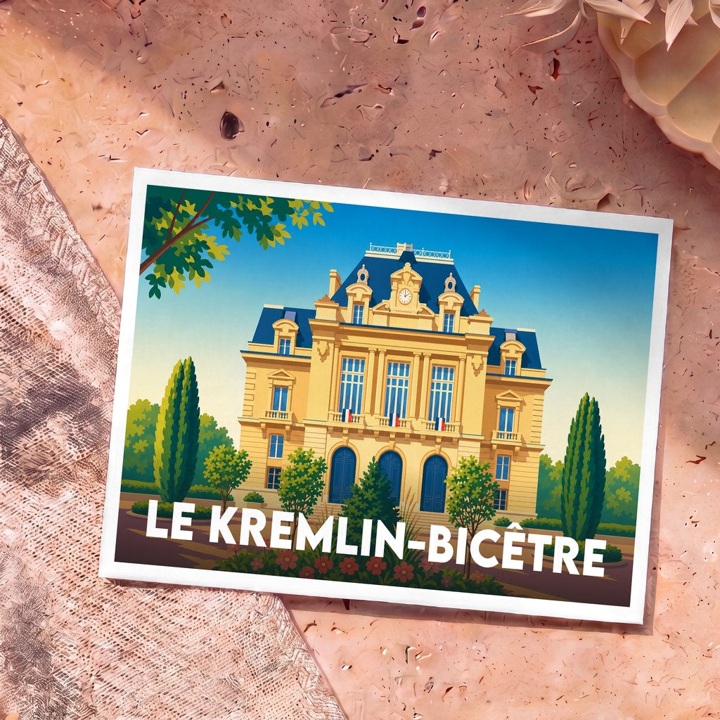 Carte postale souvenir de la ville de Le Kremlin-Bicêtre avec une illustration stylisée de l'hôtel de ville.